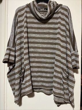 Umgee Taupe & Light Gray Striped Cowl Neck Poncho